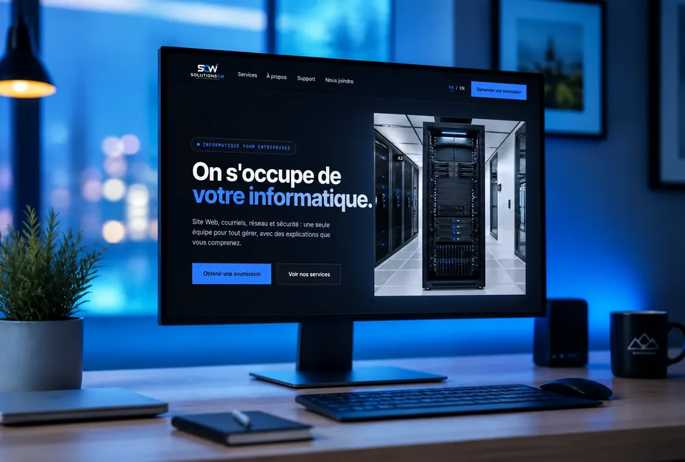 Site Web d'entreprise conçu par SolutionsCW affiché sur un grand écran
