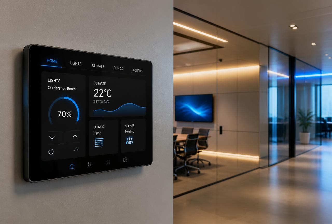 Panneau mural de domotique contrôlant l'éclairage et la climatisation d'un bureau