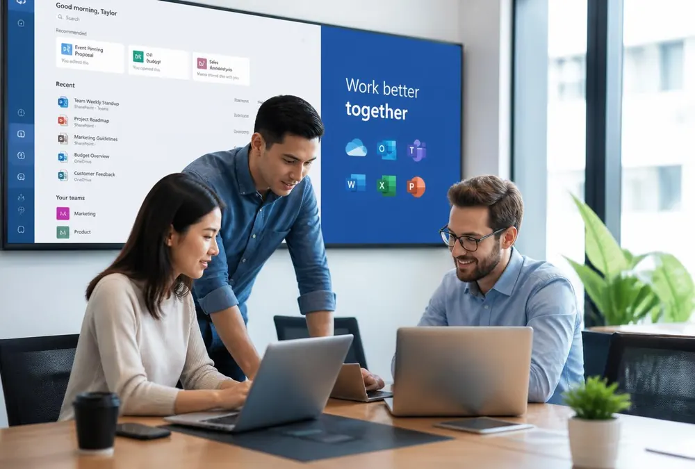 Équipe utilisant les applications Microsoft 365 configurées par SolutionsCW