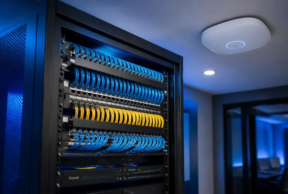 Baie réseau et borne Wi-Fi installées par SolutionsCW